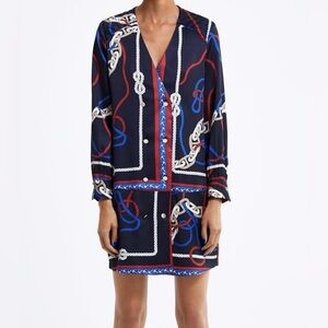ZARA Nautical Chain Knot Print Dress Navy Double Breasted Mini XS NWT